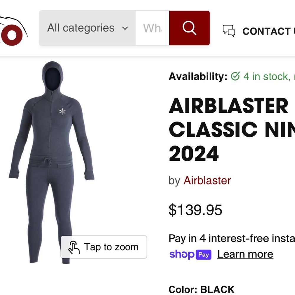 Air blaster classic ninja suit small airblaster ski snowboard base layer onesie